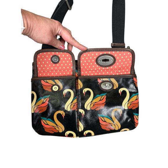 Fossil Key-Per Coated Canvas Swan Crossbody Bag Purse Boho Colorful Artsy Unique - Picture 8 of 11